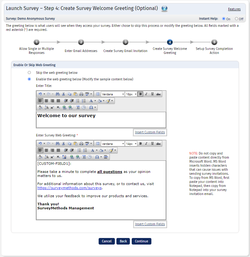 SurveyLegend ®  Survey Fields: Welcome Page